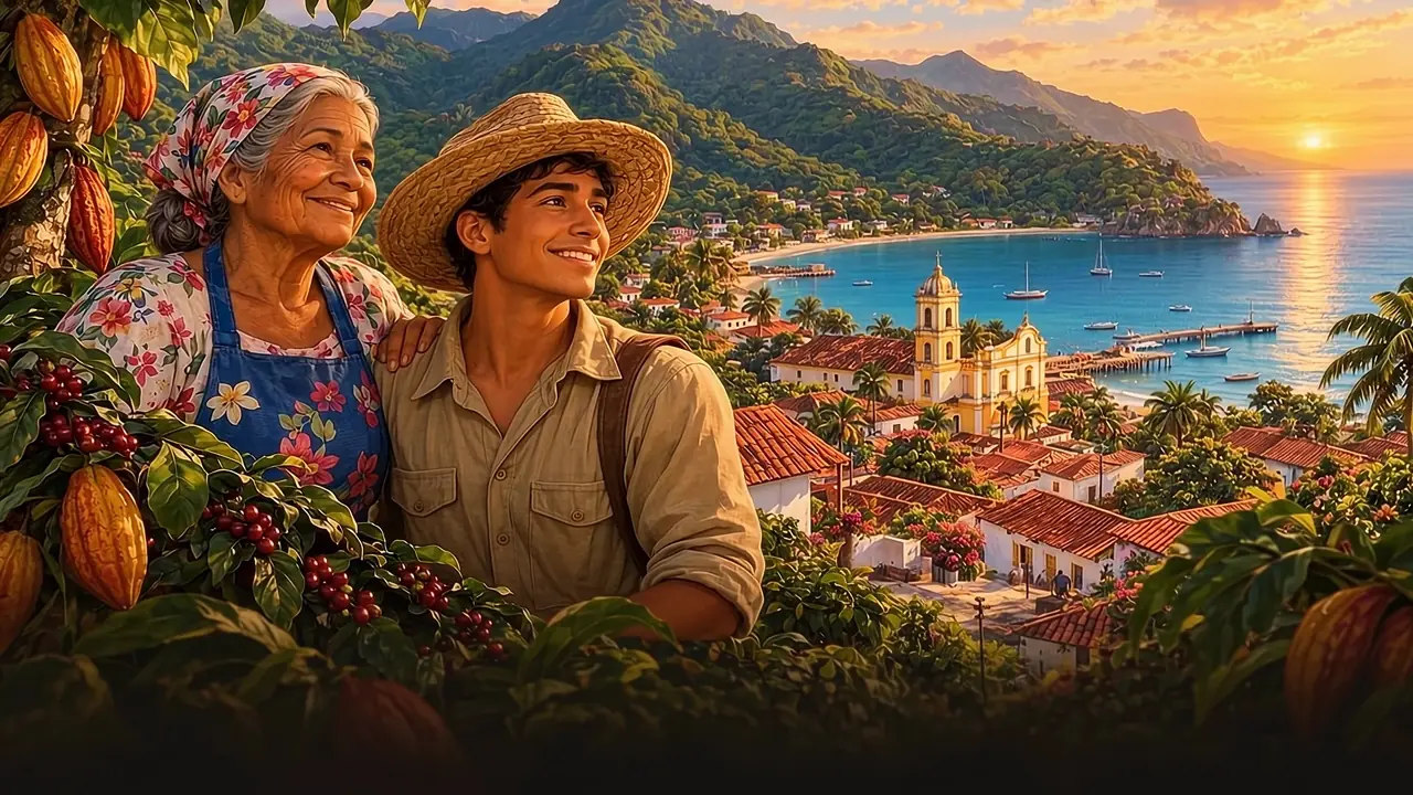 La abuela Eusebia y su nieto miran Puerto Cacao al atardecer